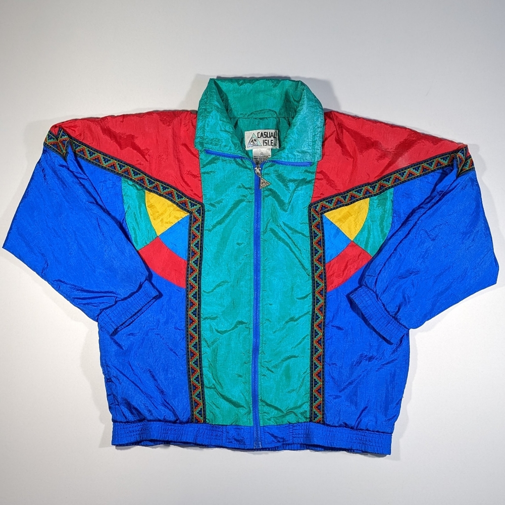 Vintage 80's Casual Isle Colorful Ribboned Windbreaker Track Jacket Size Med